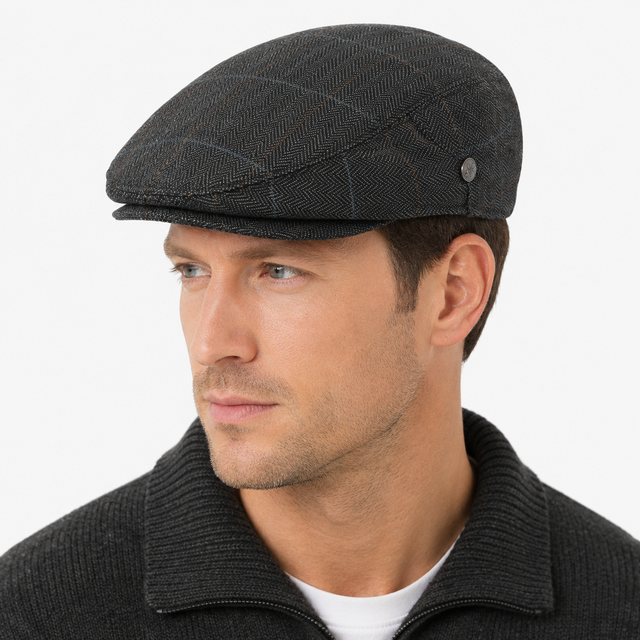 Charcoal Herringbone Flat Cap