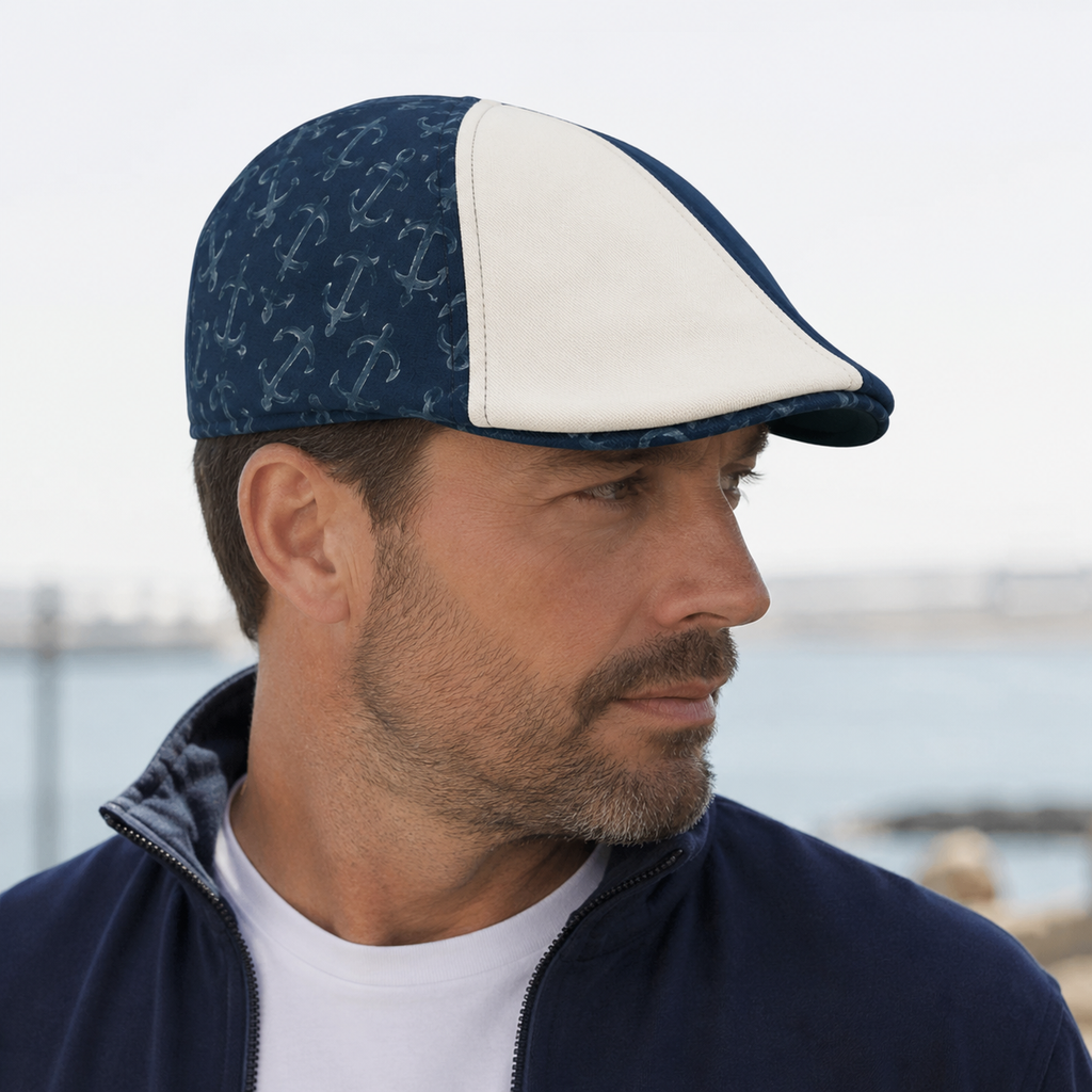 Navy Patterned Flat Cap